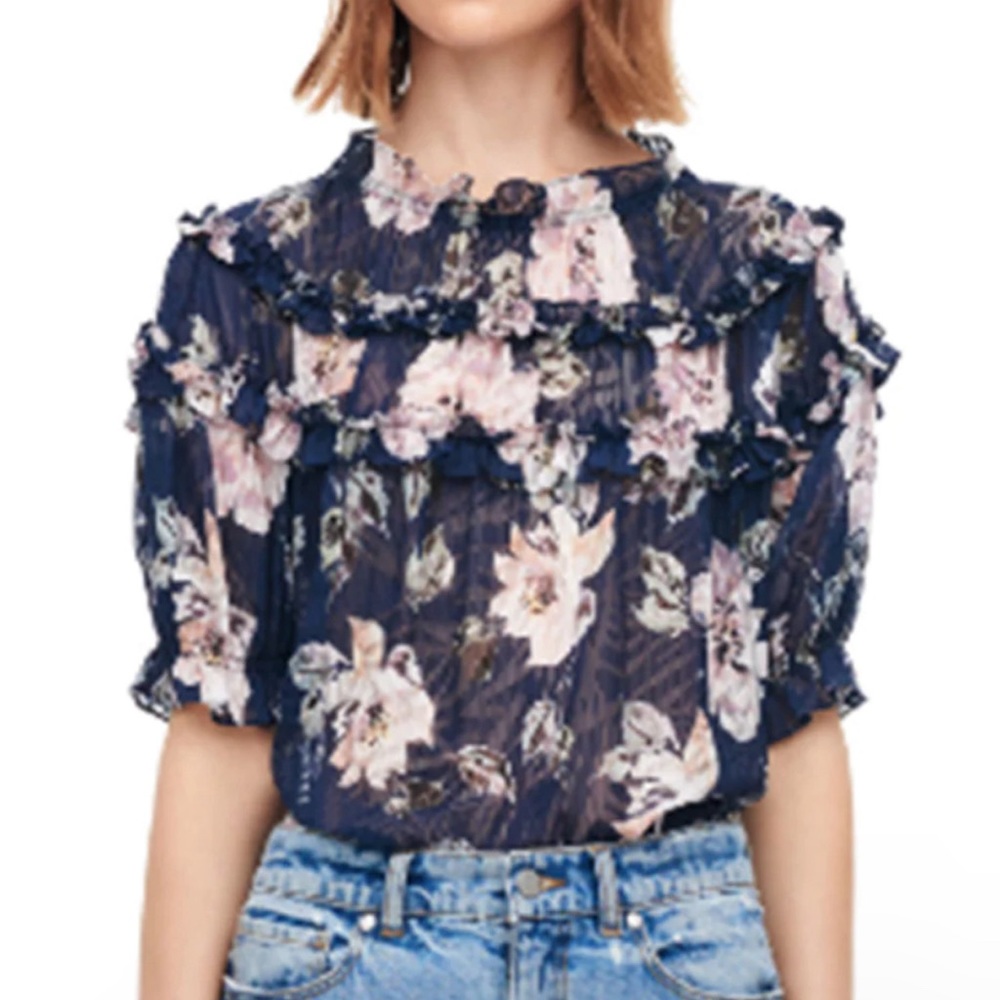 Rebecca Taylor Magnolia Silk Floral Ruffle Blue Blouse Size 2 Edwardian